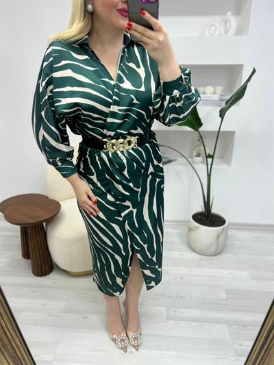 Kruvze Model Kemerli Zümrüt Zebra Elbise