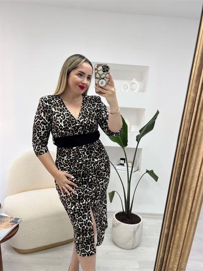 Kuşaklı Drapeli Leopar Elbise