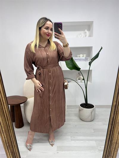 Kuşaklı Rahat Kalıp Pilise Elbise Bronz