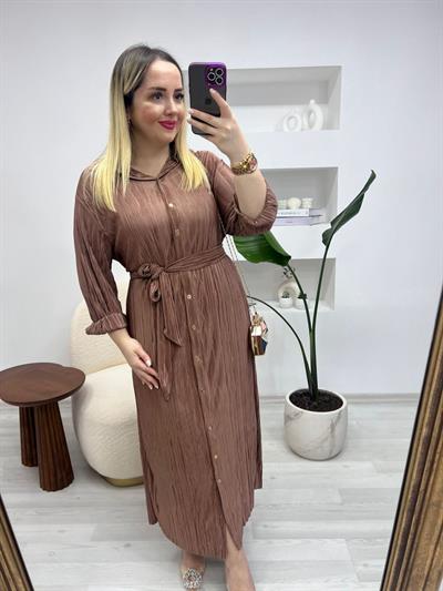 Kuşaklı Rahat Kalıp Pilise Elbise Bronz