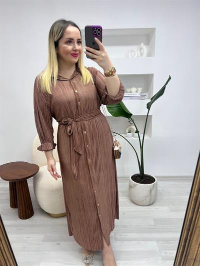 Kuşaklı Rahat Kalıp Pilise Elbise Bronz