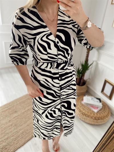 Kuşaklı Zebra Keten Elbise