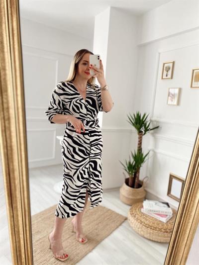 Kuşaklı Zebra Keten Elbise