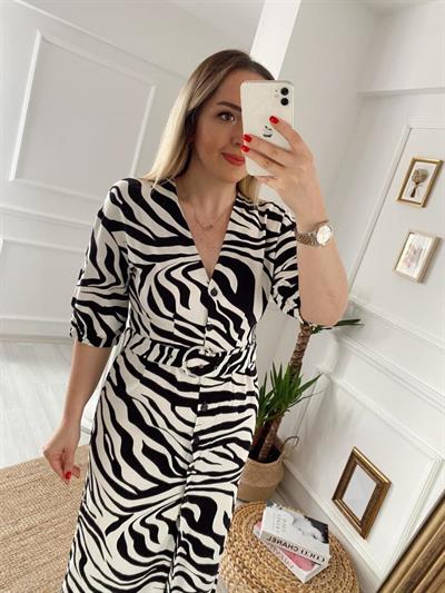 Kuşaklı Zebra Keten Elbise