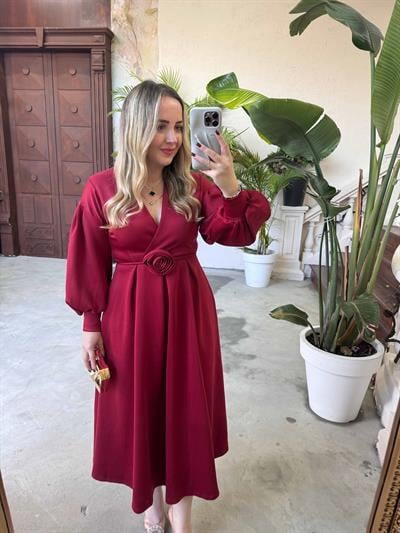 Lady Gül Detaylı Tasarım Elbise Bordo