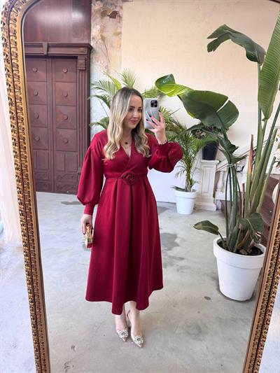 Lady Gül Detaylı Tasarım Elbise Bordo