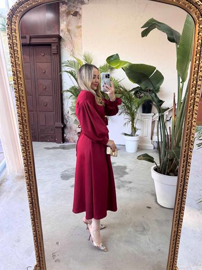 Lady Gül Detaylı Tasarım Elbise Bordo