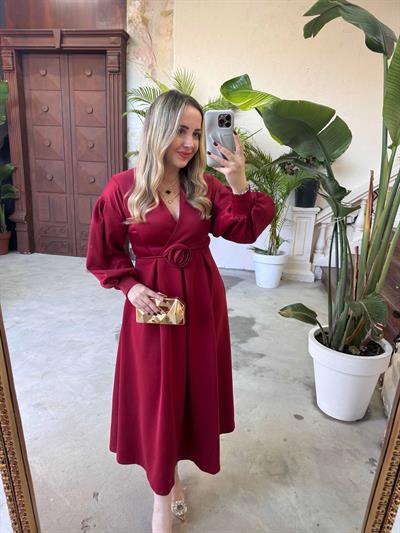 Lady Gül Detaylı Tasarım Elbise Bordo