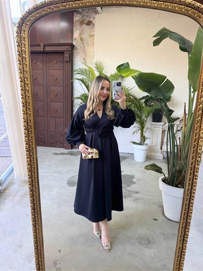 Lady Gül Detaylı Tasarım Elbise Lacivert
