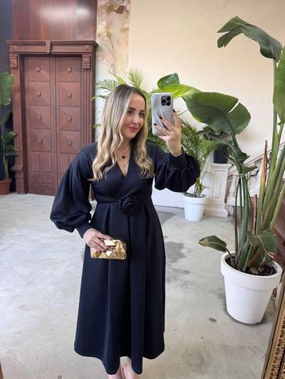 Lady Gül Detaylı Tasarım Elbise Lacivert