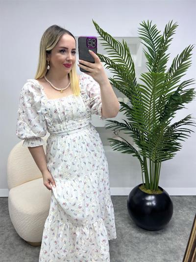 Lady Pembe Mavi Çiçekli Elbise