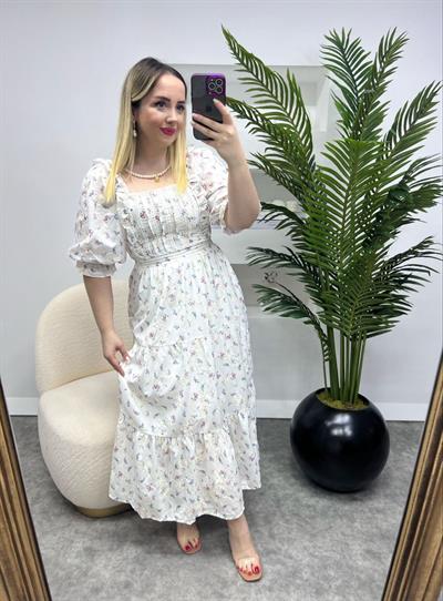 Lady Pembe Mavi Çiçekli Elbise