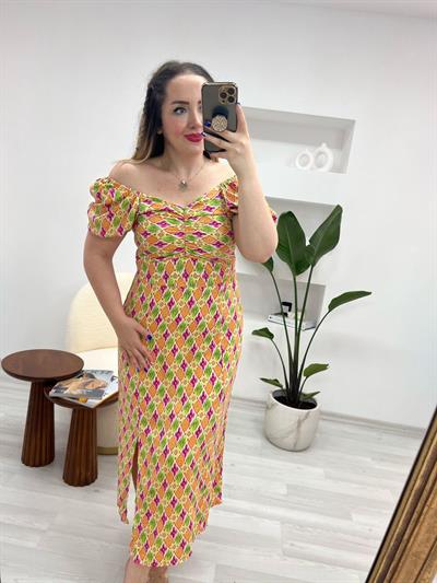 Lady Pembe Turuncu Desenli Elbise