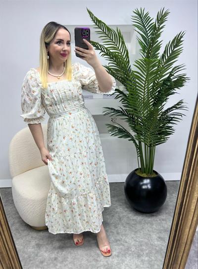 Lady Turuncu Sari  Çiçekli Elbise