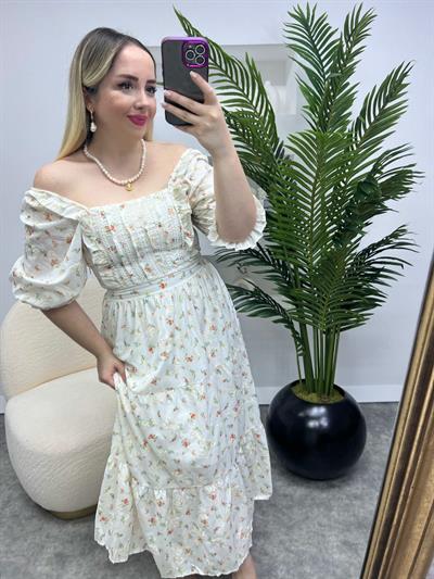 Lady Turuncu Sari  Çiçekli Elbise