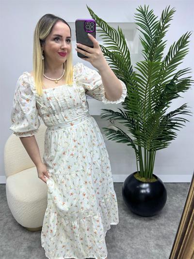 Lady Turuncu Sari  Çiçekli Elbise