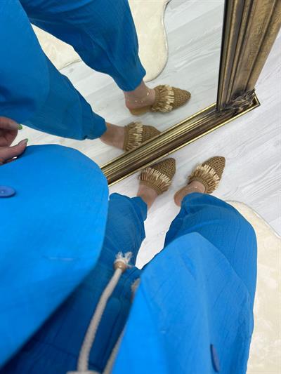 Lara Beli Lastikli Keten Pantolon Mavi