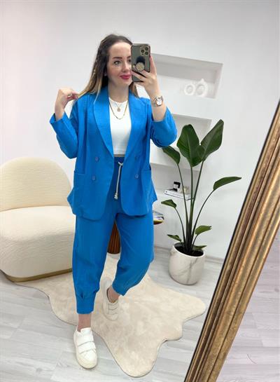 Lara Beli Lastikli Keten Pantolon Mavi