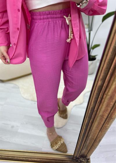Lara Beli Lastikli Keten Pantolon Pembe