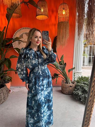 Lara Beli Lastikli Uzun Şifon Elbise Mavi