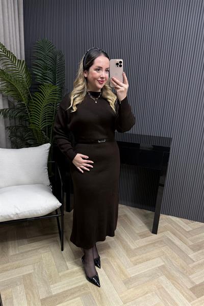 Lara Kemerli Triko Elbise Acı Kahve