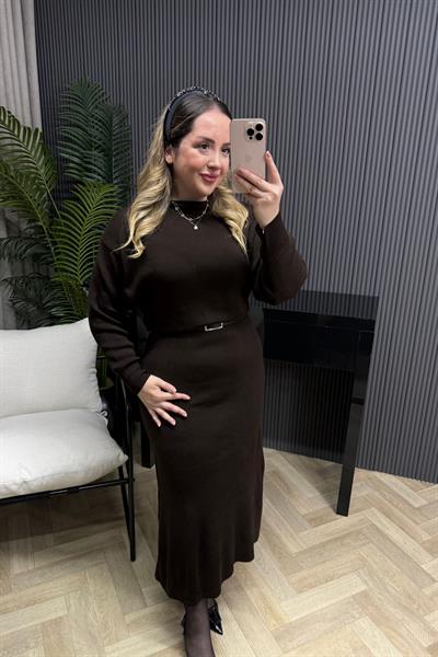 Lara Kemerli Triko Elbise Acı Kahve