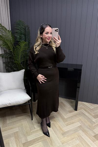 Lara Kemerli Triko Elbise Acı Kahve