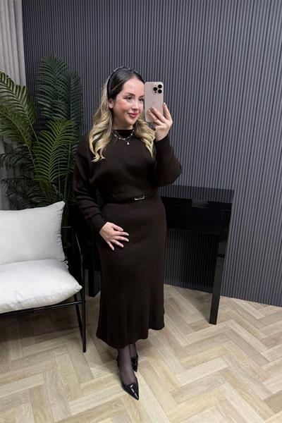Lara Kemerli Triko Elbise Acı Kahve