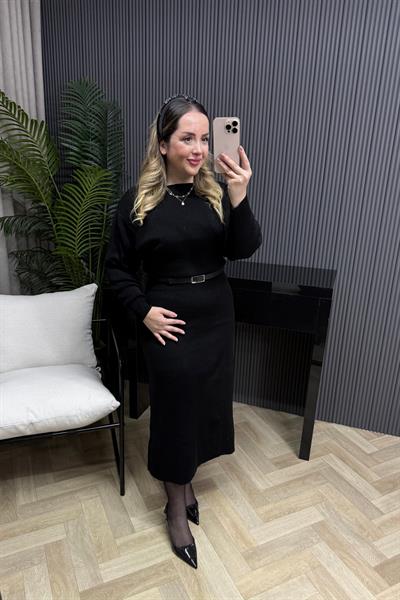 Lara Kemerli Triko Elbise Siyah