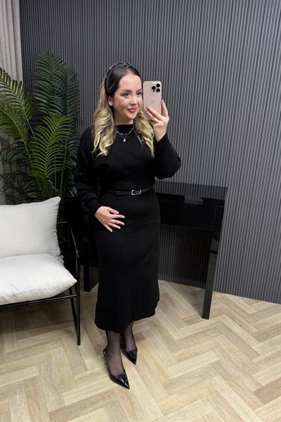 Lara Kemerli Triko Elbise Siyah