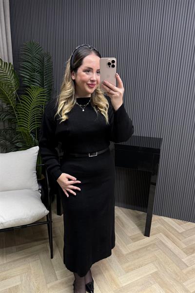 Lara Kemerli Triko Elbise Siyah