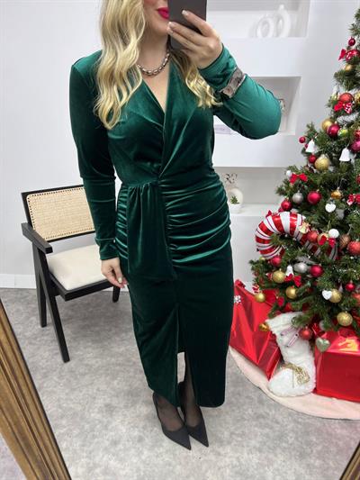 Laris Drapeli Kadife Elbise Zümrüt