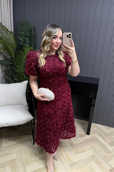 Laura Üç Boyutlu Güllü Elbise Bordo