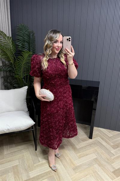 Laura Üç Boyutlu Güllü Elbise Bordo