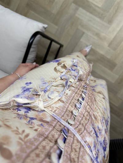 Lavanta Lila Detaylı Tasarım Kuşaklı Keten Elbise 