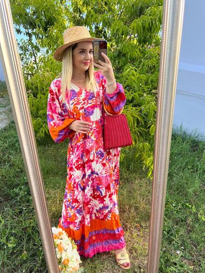 Lavinya Balon Kol Pembe Turuncu Desenli Elbise