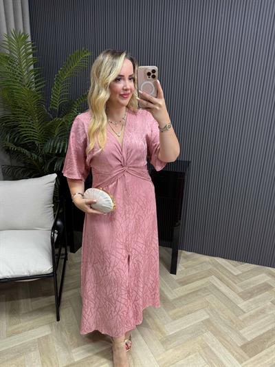 Layd Düğüm Detaylı Dokulu Saten Elbise Pembe