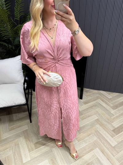 Layd Düğüm Detaylı Dokulu Saten Elbise Pembe