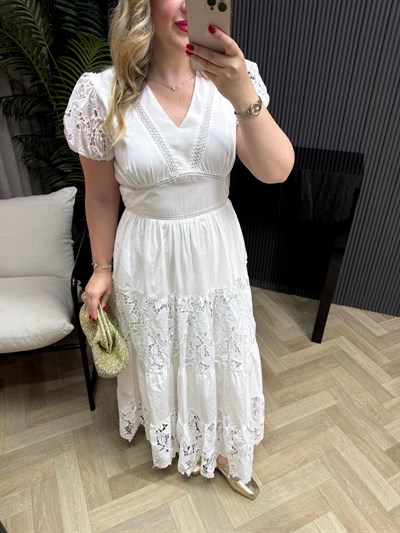 Leidi Fisto Detaylı Tasarım Elbise Beyaz