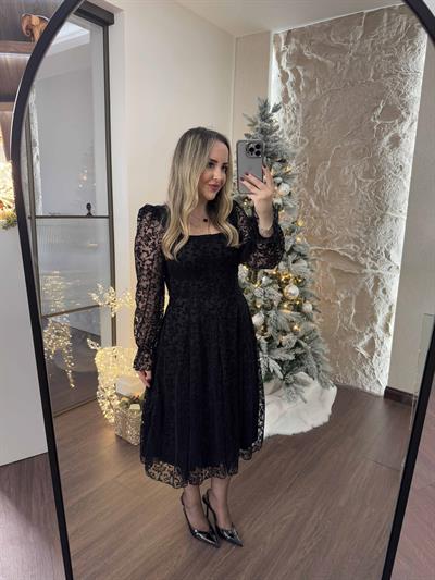 Leila Flok Baski Siyah Romantık Elbise
