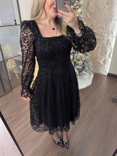 Leila Flok Baski Siyah Romantık Elbise