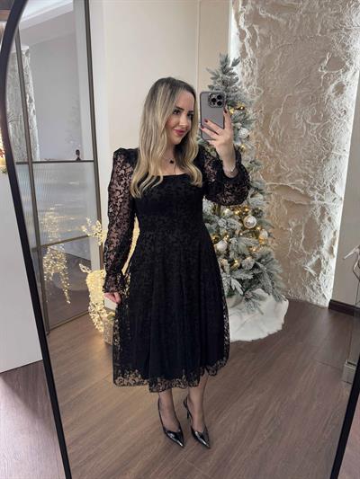 Leila Flok Baski Siyah Romantık Elbise