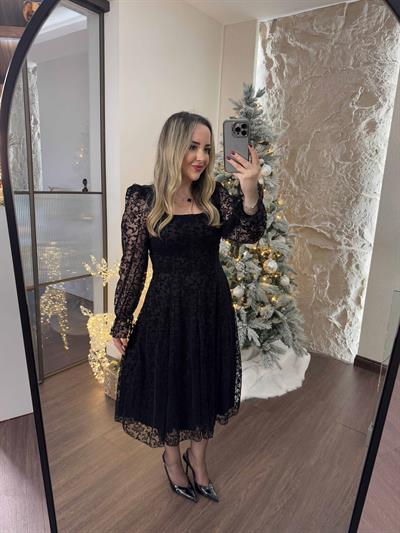 Leila Flok Baski Siyah Romantık Elbise