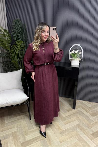 Lena Firfir Bağlamalı Kemerli Şifon Elbise Bordo