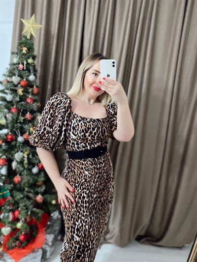Leopar Balon Kol Kemerli Elbise