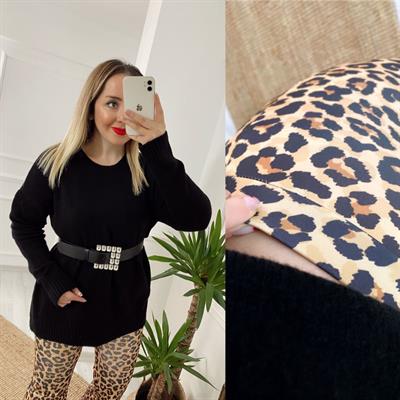 Leopar Beli Lastikli İspanyol Paça Pantolon