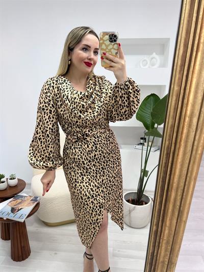 Leopar Degaje Yaka Tasarım Saten Elbise