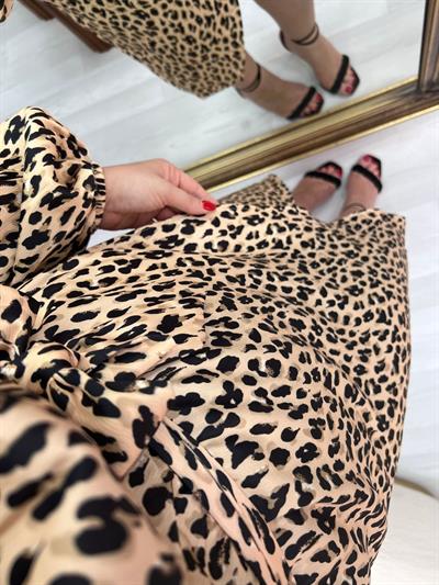 Leopar Degaje Yaka Tasarım Saten Elbise
