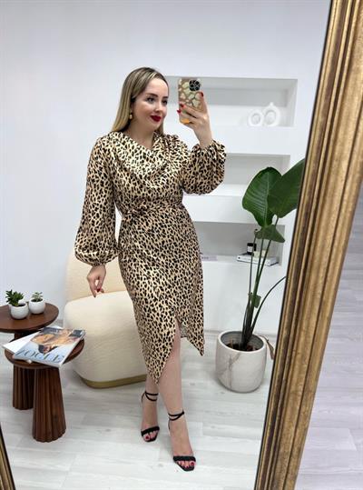 Leopar Degaje Yaka Tasarım Saten Elbise