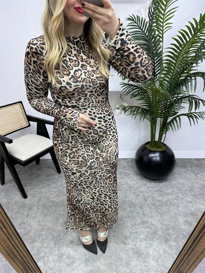 Leopar Desen Buzzy Uzun Elbise